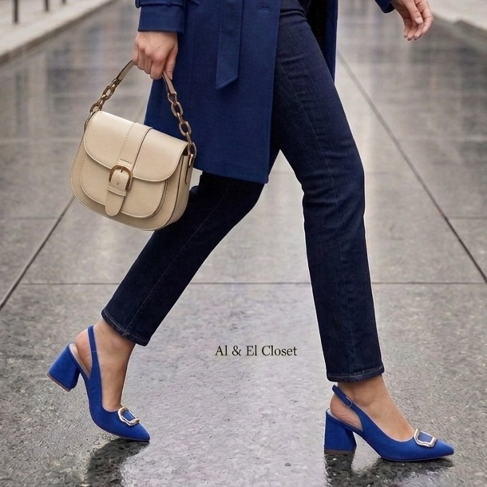 Nicole Miller New York Melrose Blue Faux Suede Slingback Block Heel Pumps 8.5